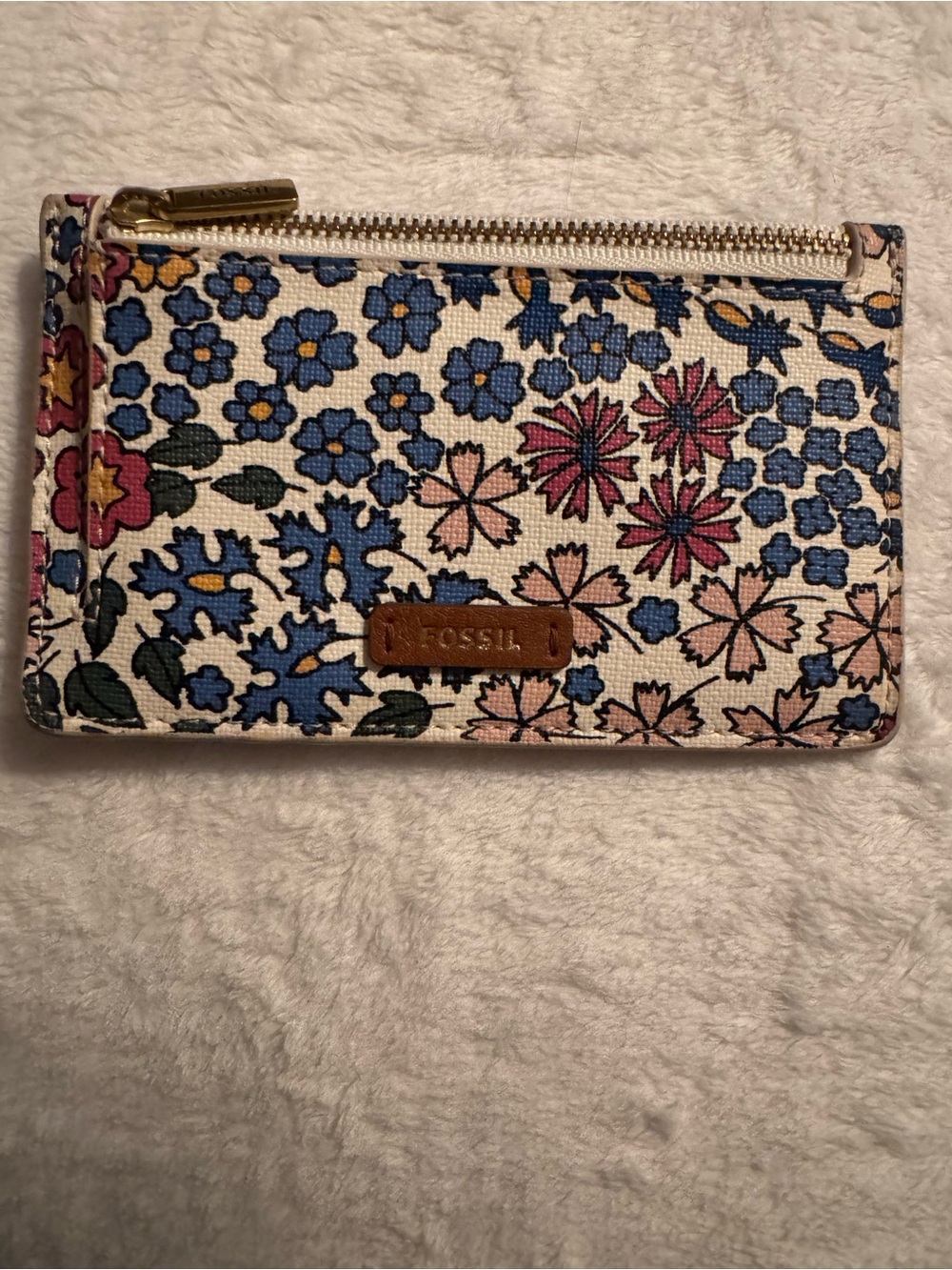 Fossil Floral Zip Card Wallet in Blue, Pink & Cream EUC